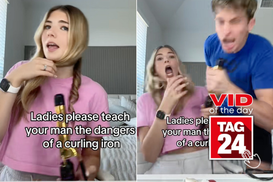 Viral Video of the Day for August 18, 2024: Man grabs wife's burning hot curling iron: "Don't worry he's ok"