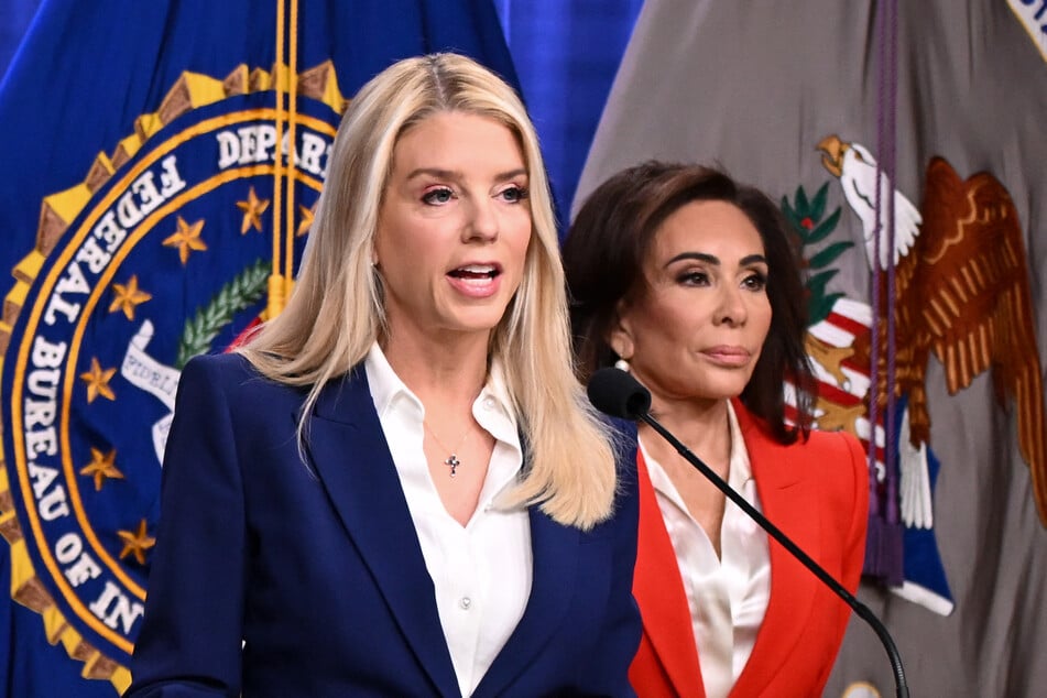 US Attorney General Pam Bondi (L) speaks during a news conference alongside US Attorney for the District of Columbia Jeanine Pirro (R) at the Department of Justice headquarters in Washington, DC, on Friday.