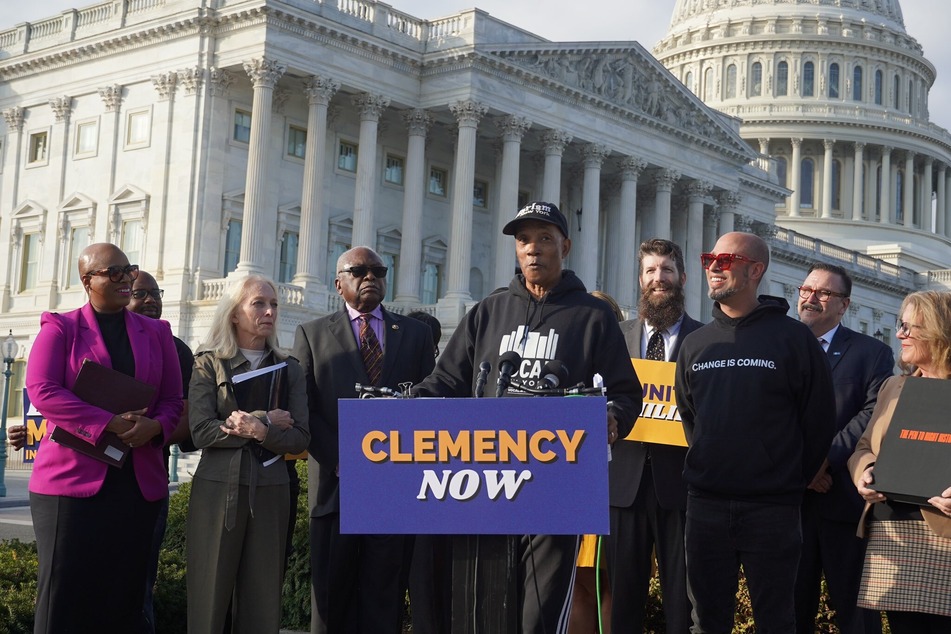 New York-based community advocate Neil Berry addresses the press during the Capitol Hill news conference calling for clemency now.