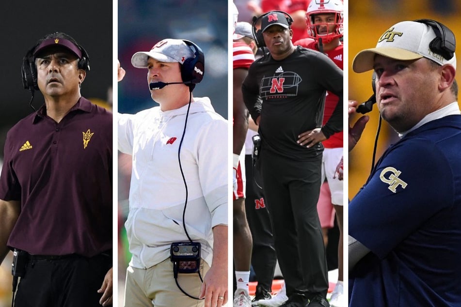 (From l. to r.): Interim coaches Shaun Aguano of Arizona State, Jim Leonhard of Wisconsin, Mickey Joseph of Nebraska, and Brent Key of Georgia Tech.