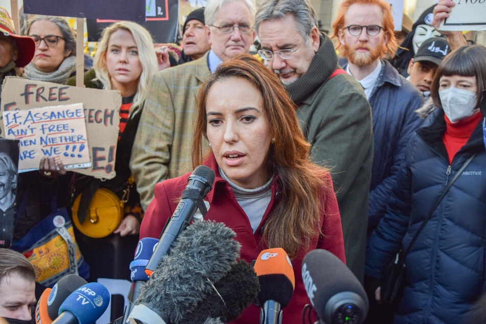 Assange's partner Stella Moris speaking to the media after the court ruling on Friday.