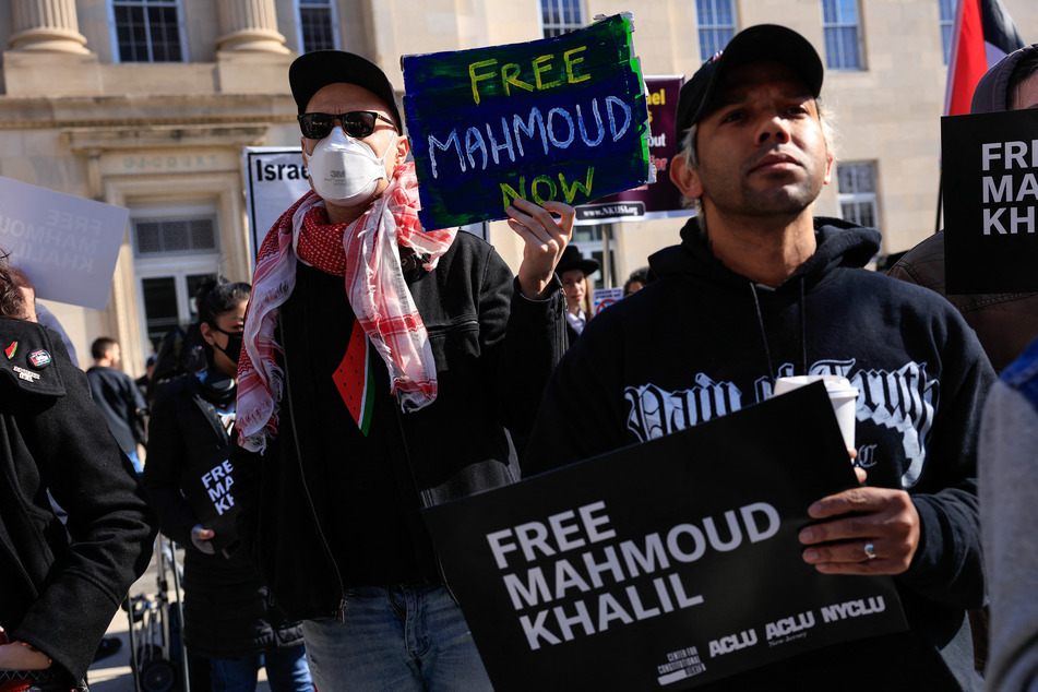 Protesters gather outside the federal court in Newark, New Jersey, in support of detained Columbia University student activist Mahmoud Khalil.