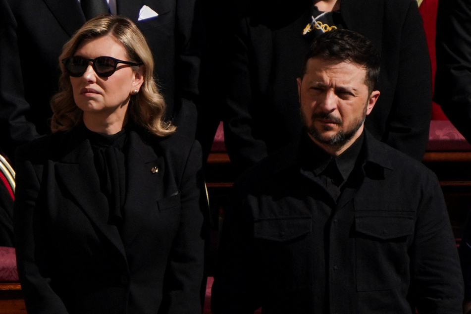 Ukraine's President Volodymyr Zelensky (r.) and first lady Olena Zelenska attend the funeral mass of Pope Francis in St. Peter's Square at the Vatican on April 26, 2025.