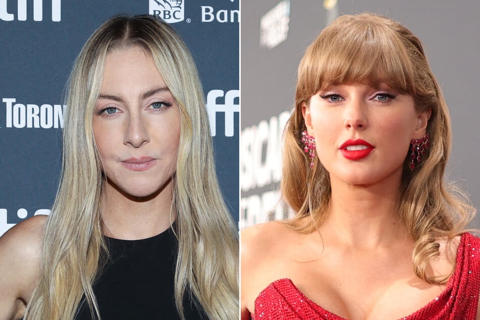 Taylor Swift (r.) was spotted in a gold gown as she attended Este Haim's star-studded wedding on New Year's Eve.