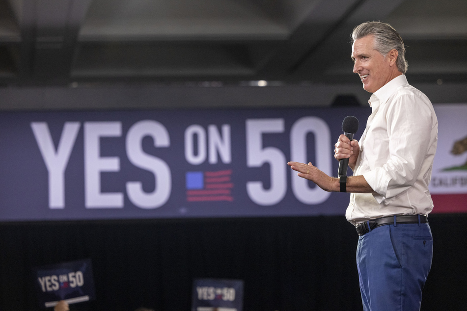 California Governor Gavin Newsom speaks at a "Yes On Prop 50" volunteer event at the LA Convention Center on November 1, 2025.