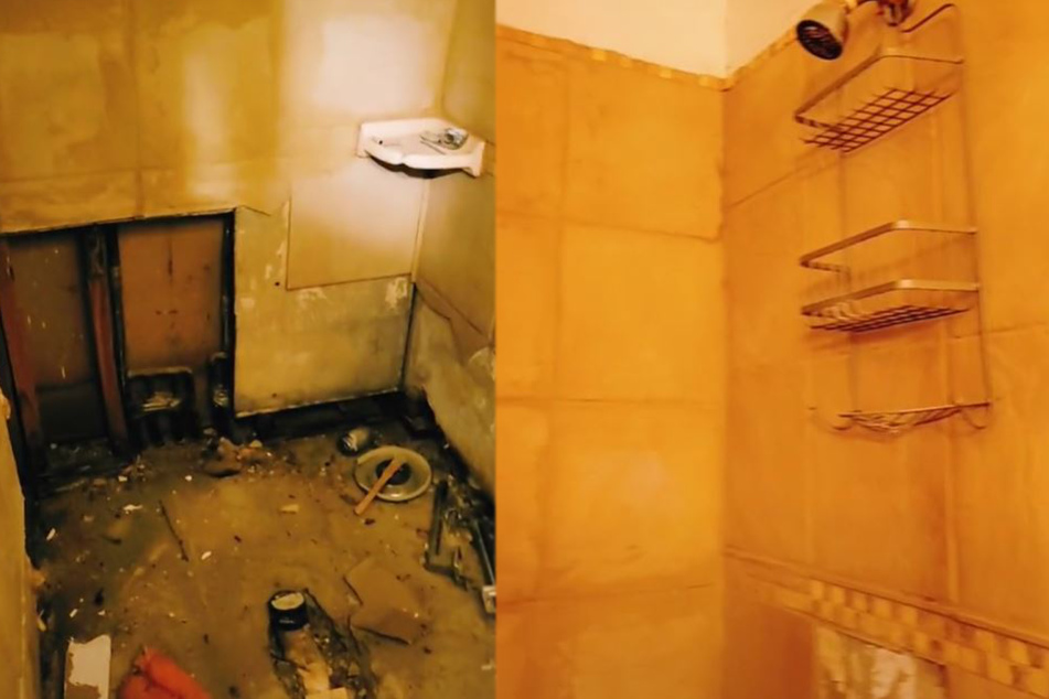 The removed wall revealed a hidden shower and exposed plumbing.