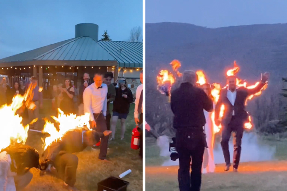 Bride and groom light themselves on fire for dramatic send-off