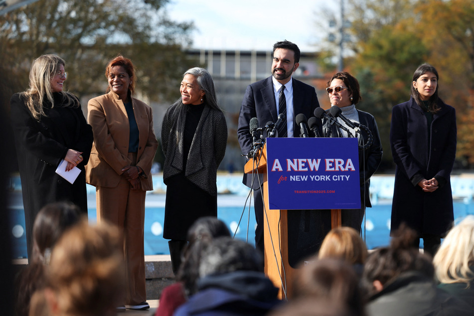 New York City Mayor-elect Zohran Mamdani holds a press conference with leaders of his transition team at the Unisphere in Queens on November 5, 2025.