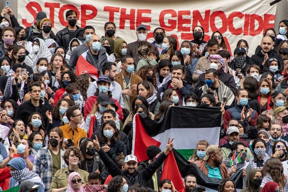 Supporters of Palestinian human rights gather at Harvard University to protest Israel's US-backed assault on Gaza at a rally in Cambridge, Massachusetts.