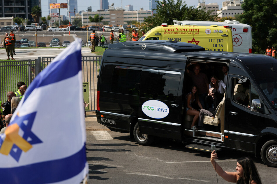 Released Israeli prisoner Alon Ohel arrives at Rabin Medical Center-Beilinson Hospital in Petah Tikva on October 13, 2025, as part of a Gaza ceasefire deal.