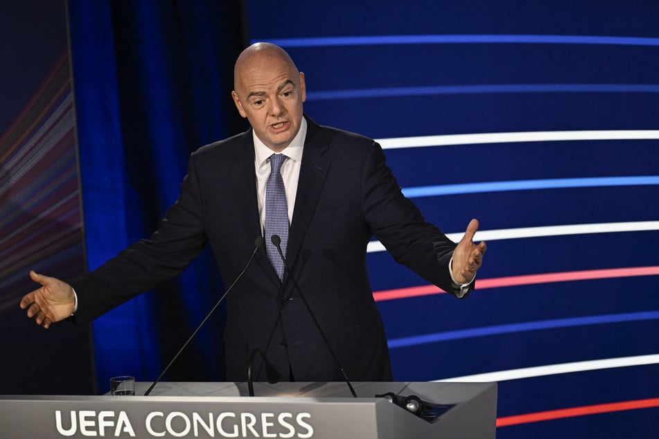 President of FIFA Gianni Infantino gestures as he delivers a speech during the 48th UEFA ordinary Congress in Paris on February 8, 2024.