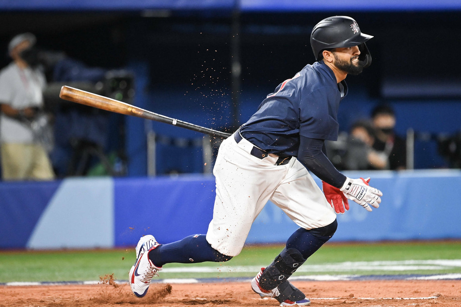 Jack Lopez of the United States competes during the baseball final between Japan and the United States.