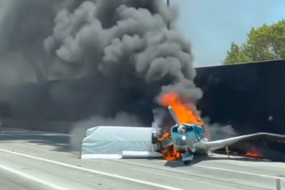 The small plane landed on the highway and caught fire.