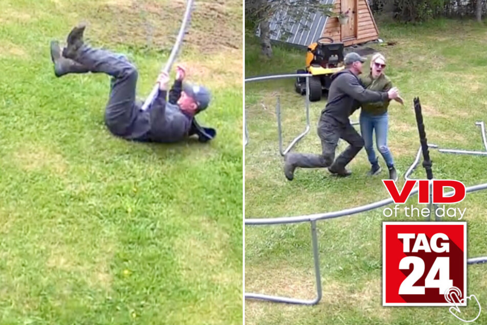 Today's Viral Video of the Day features a man who topples over after trying to take apart his trampoline.