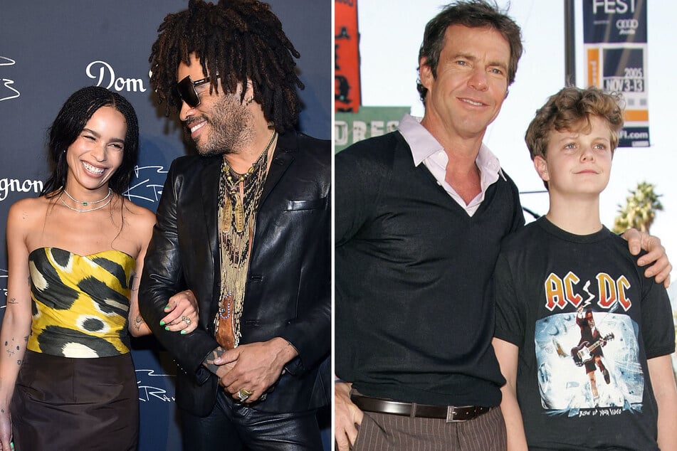Zoë Kravitz (l) is the daughter of musician Lenny Kravitz (center l), while Jack Quaid (r) is the son of actors Dennis Quaid (center r) and Meg Ryan.