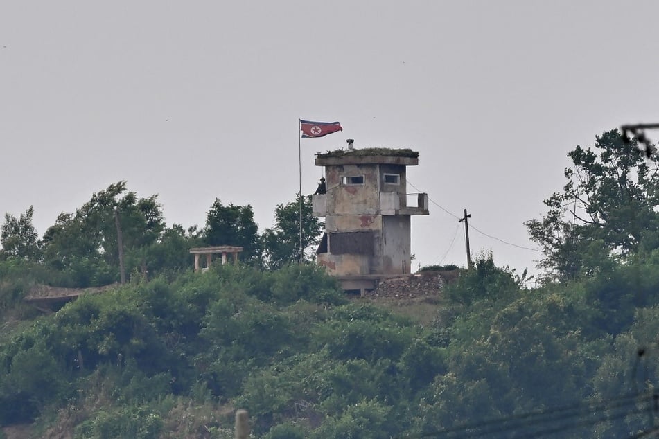 A North Korean guard post is pictured on Pyongyang's side of the Demilitarized Zone dividing the two Koreas, is seen from the border city of Paju.