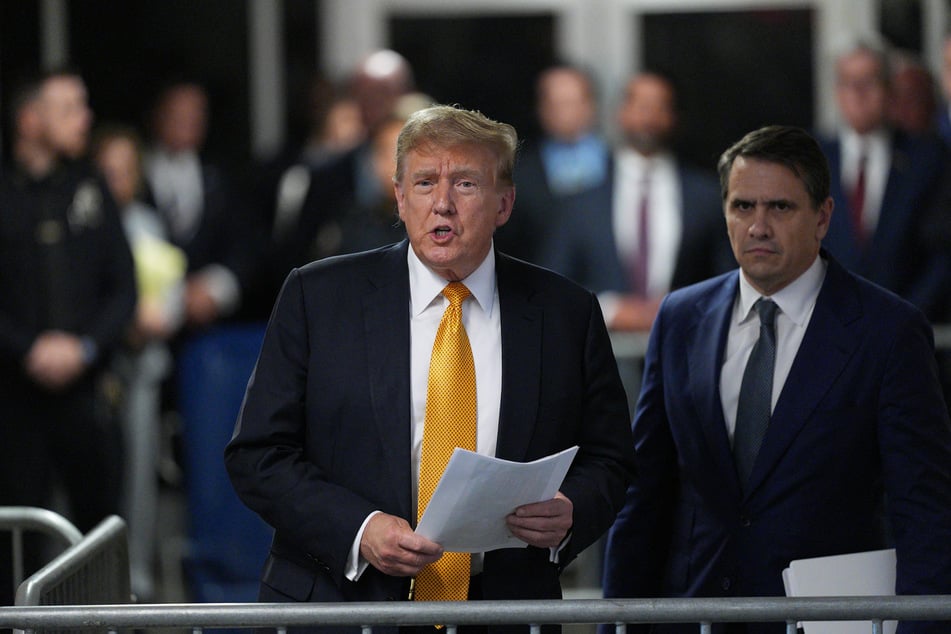 Donald Trump speaking to the media during his hush money trial payments at Manhattan Criminal Court in New York City on May 21, 2024.