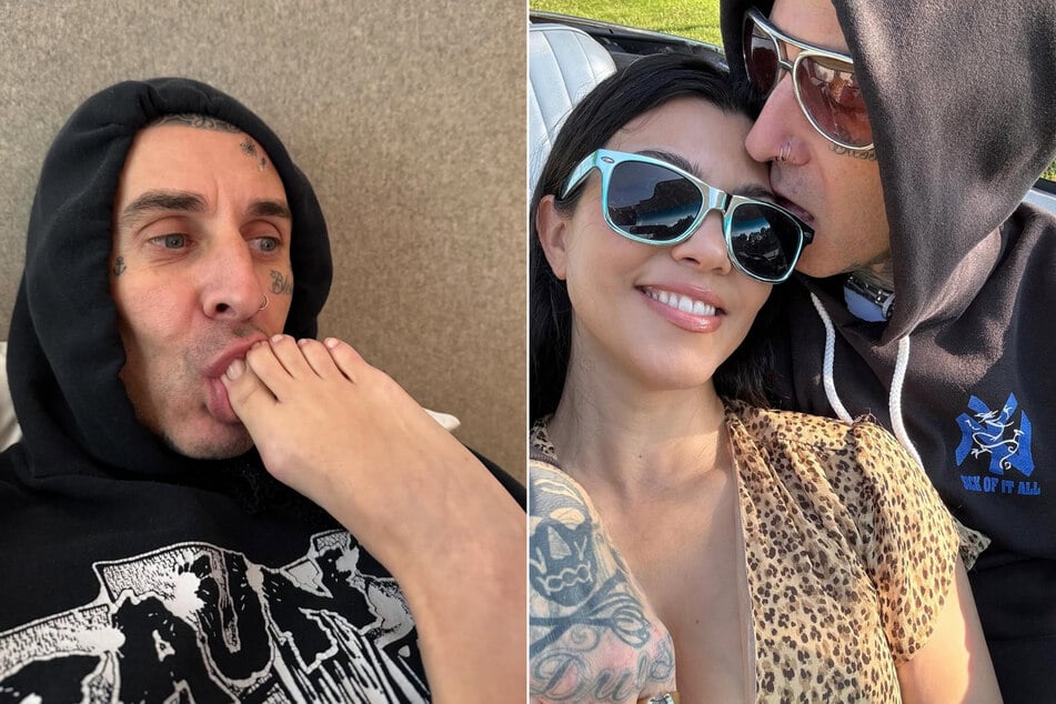 Kourtney Kardashian (c.) was honored by her husband, Travis Barker, in a spicy birthday post over the weekend.