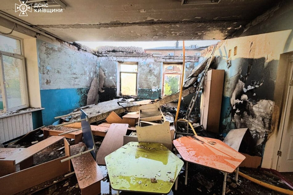 A damaged room in a kindergarten is pictured on May 12, 2026, following an air attack in Kyiv region of Ukraine.