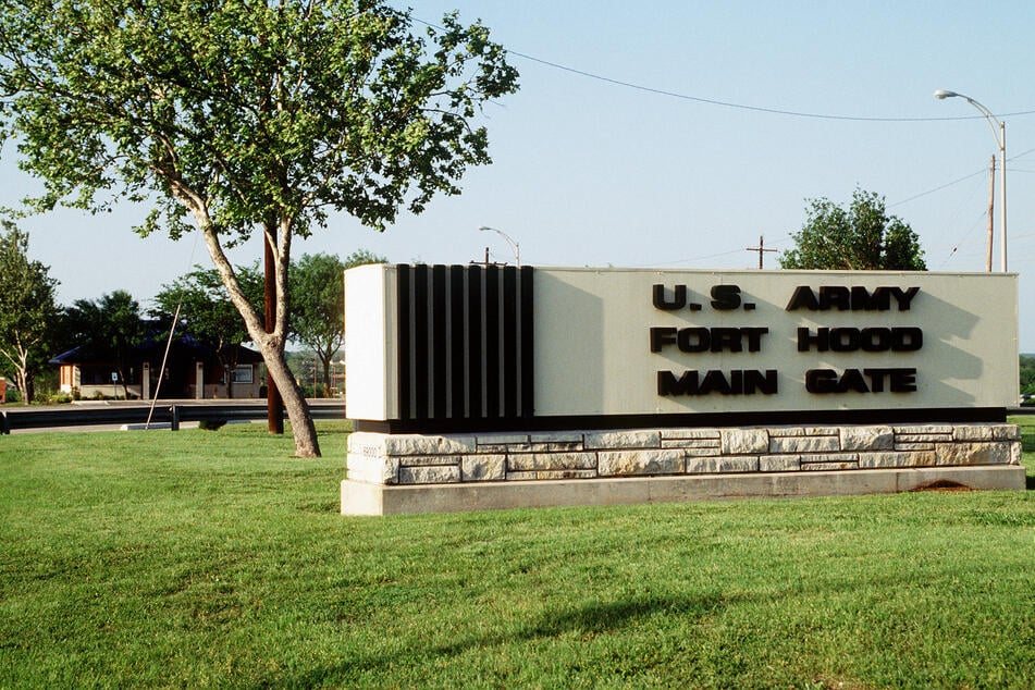 The sign is pictured at the front gate of the Fort Hood US Army base in Texas.