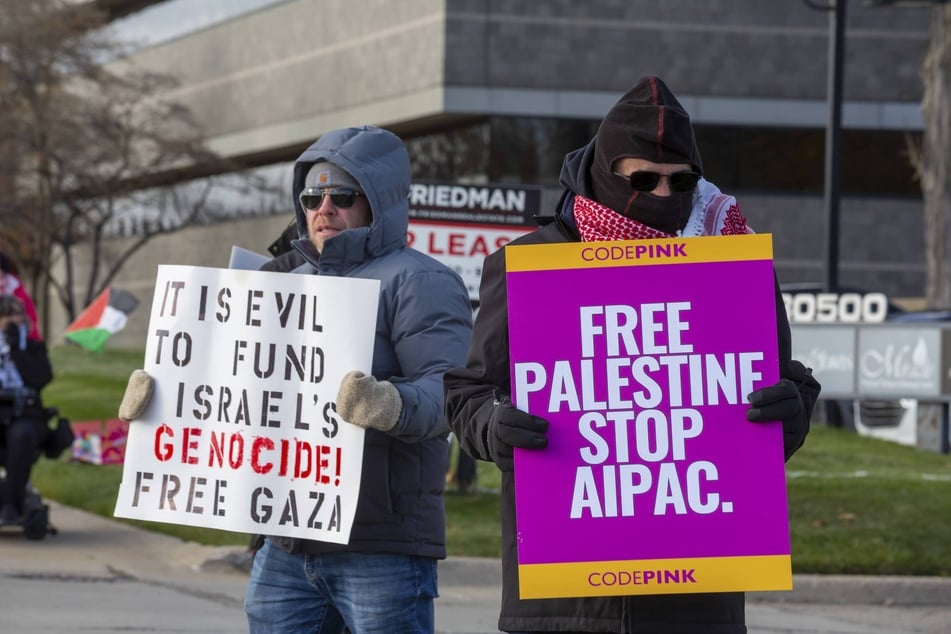 Activists protest Israel's atrocities in Gaza and the influence of AIPAC money in US elections in Farmington Hills, Michigan, on November 10, 2025.