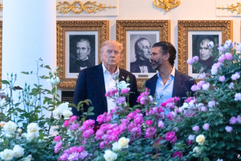 President Donald Trump (l) revealed on Thursday that he may miss his eldest son Don Jr.'s (r) wedding this weekend because he is busy with the Iran war.