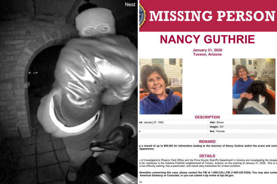 Security camera footage (l.) shows an unidentified person trying to block the camera. Nancy Guthrie has been missing since February 2026.
