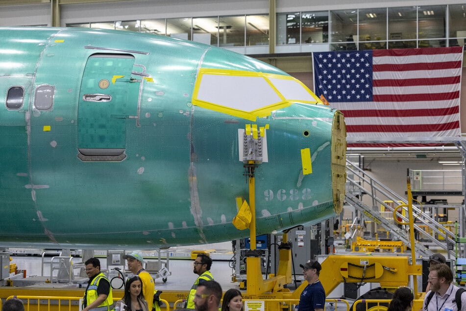 A Boeing 737 MAX 10 fuselage is pictured during the opening ceremony for the company's new North Line assembly line at the factory in Everett, Washington, on July 10, 2026.