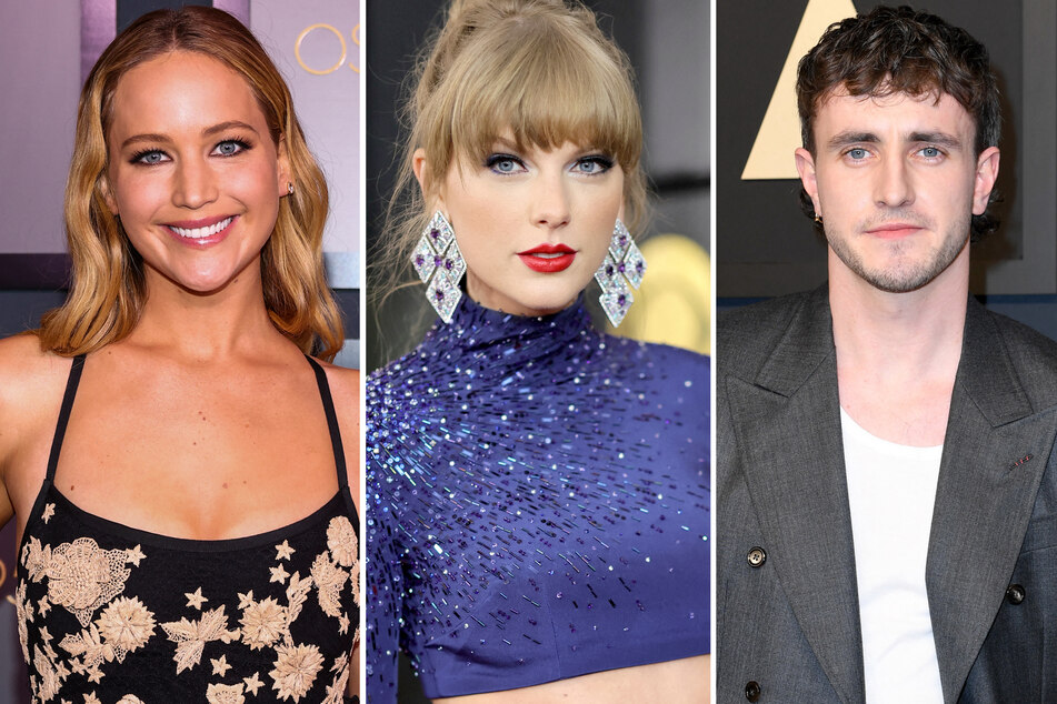 Jennifer Lawrence (l) and Paul Mescal recite Taylor Swift (c) lyrics in a new viral video.