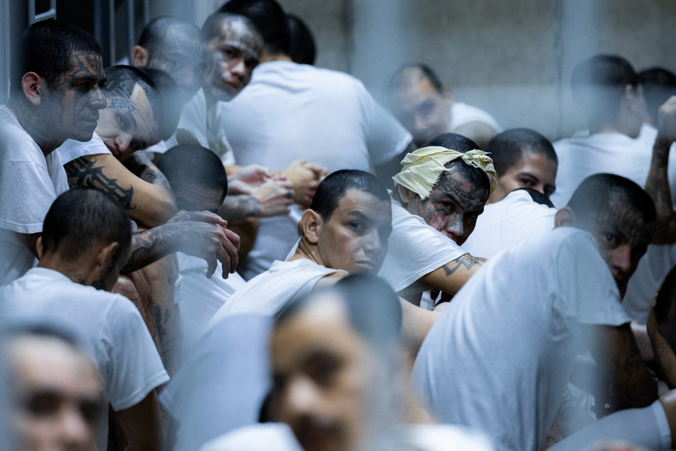 Venezuelan nationals are pictured inside El Salvador's CECOT megaprison following their deportation from the US in a photo released March 31, 2025.