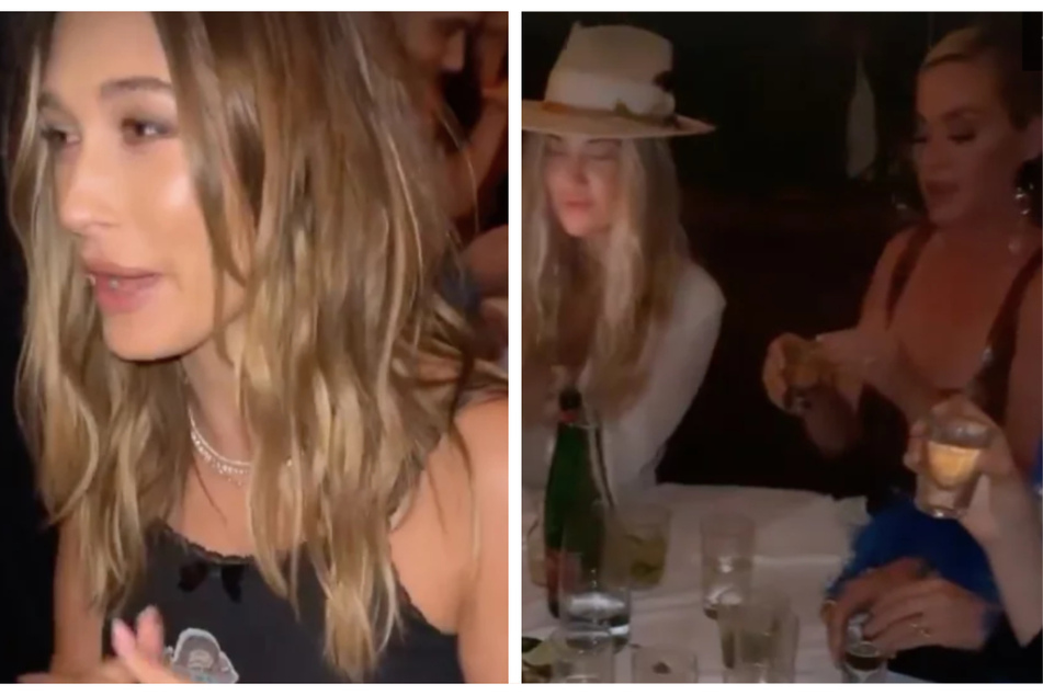 Hayley Bieber gave her tequila testimonial in Kim Kardashian's Instagram Story (l.). Kim also captured Kate Hudson and Katy Perry (c. and l.) in a toast.