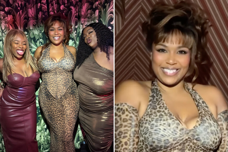 Lizzo (r.) celebrated her 37th birthday in a stunning see-through leopard-print dress.