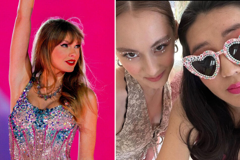 The Summer I Turned Pretty star Lola Tung (c) and author Jenny Han (r) attended The Eras Tour in East Rutherford on May 27.
