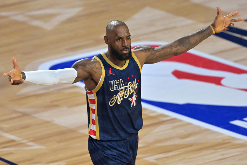 Team USA Stripes forward LeBron James celebrates after game two during the 75th NBA All-Star Game at Intuit Dome on February 15, 2026.