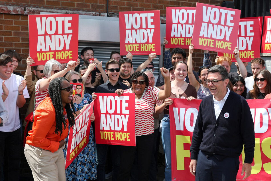 Andy Burnham meets with supporters during the Makerfield by-election in Wigan, UK, on June 18, 2026.