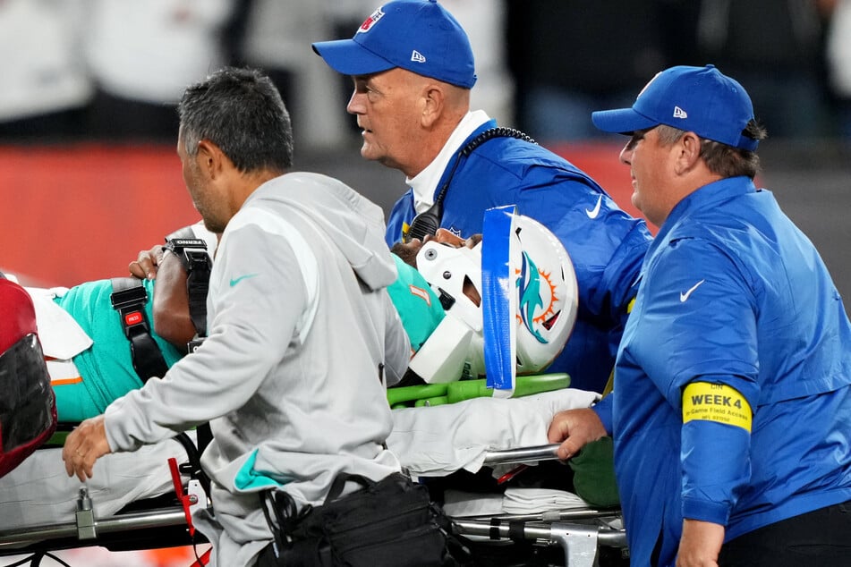 Miami Dolphins quarterback Tua Tagovailoa being carried off during the game against the Cincinnati Bengals.