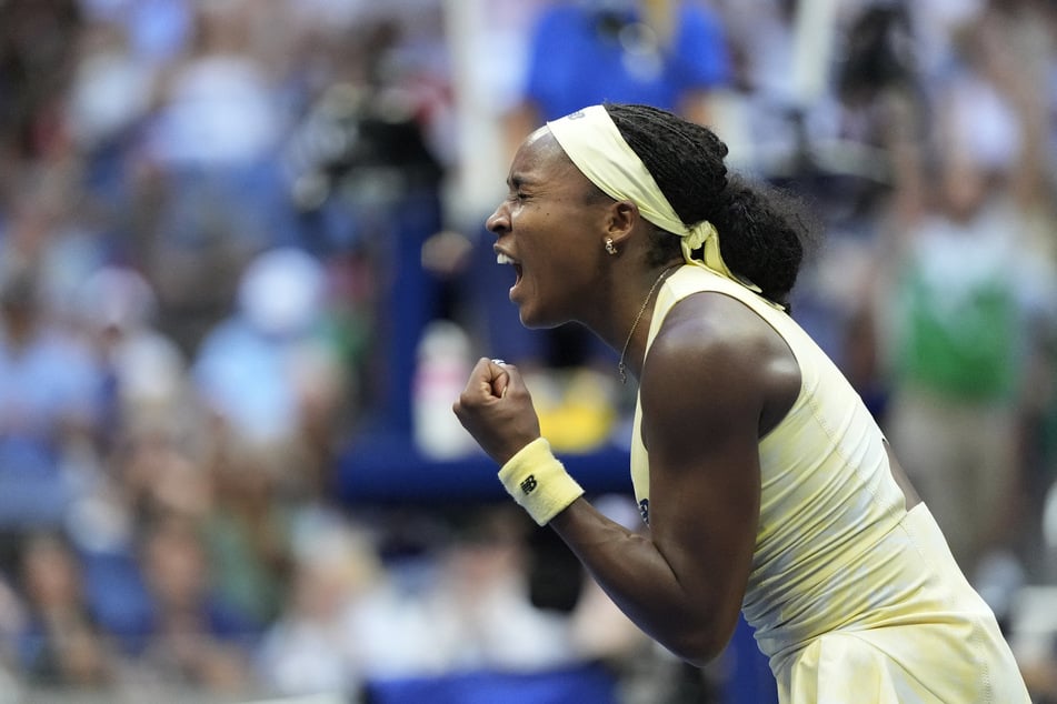 Coco Gauff celebrates after winning her US Open third round match against Spain's Cristina Bucsa (not pictured) on September 5, 2026.
