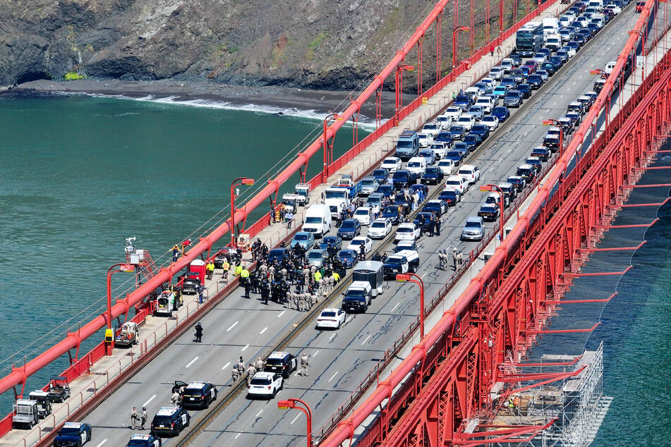 Pro-Palestinian activists shut down the Golden Gate Bridge in San Francisco on April 15, 2024, during an anti-genocide protest.