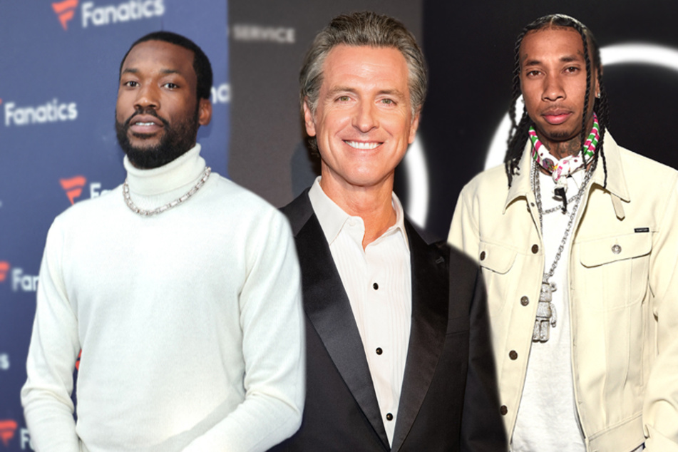 Rappers Meek Mill (l) and Tyga (r) were present during the signing of California's Decriminalizing Artistic Expression Act.