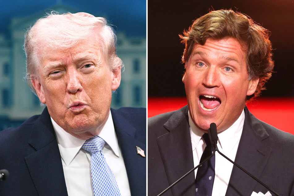 Political commentator Tucker Carlson (r.) criticized President Donald Trump for sharing a violent Easter Day message about the Iran war.