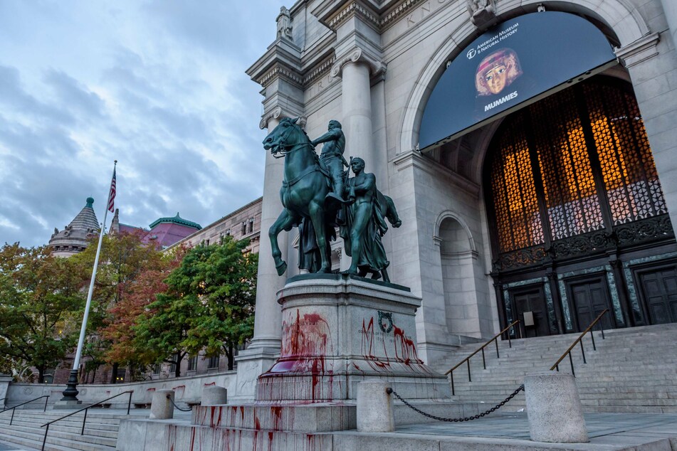 The statue was covered with a blood-like substance in 2017.