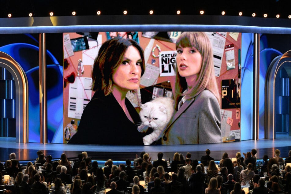 Taylor Swift (r) appeared alongside Emmy host Mariska Hargitay (l) in a pre-taped Law & Order sketch for the 2026 Emmy Awards.