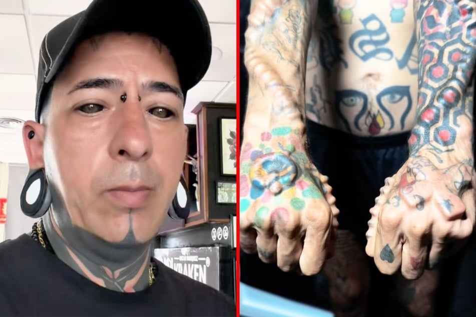 Extreme body modifier and ink addict embeds sculptures under skin and tattoos eyeballs