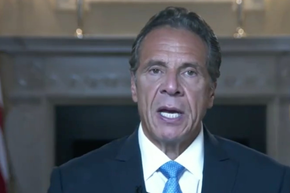 Andrew Cuomo delivering his pre-recorded farewell address.