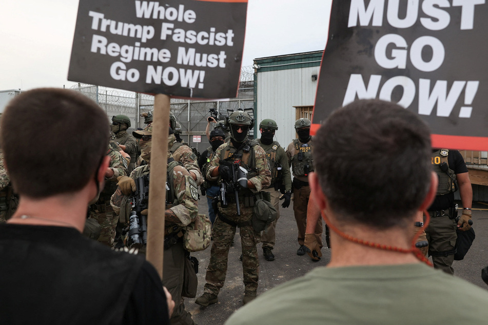 Demonstrators face off with federal law enforcement during ongoing protests against ICE outside the Delaney Hall detention center in Newark, New Jersey, on June 6, 2026.