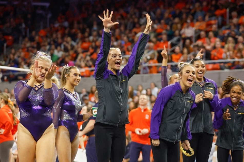 Olivia Dunne (c) is set to bid farewell to competitive gymnastics after an impressive run with the team since 2021.