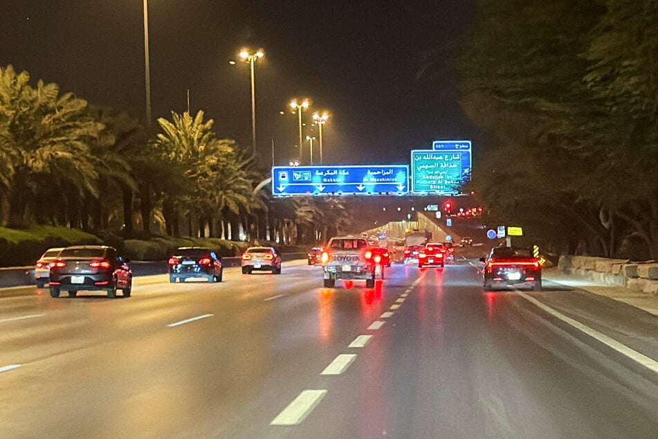 Vehicles drive along a street near the Diplomatic Quarter in Riyadh, Saudi Arabia, on March 3, 2026.