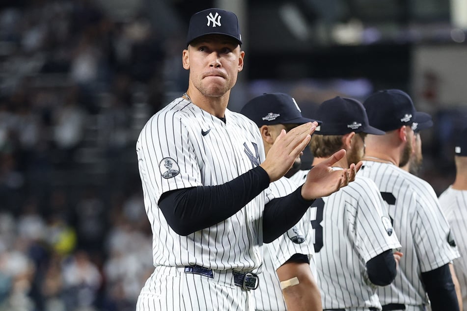 Aaron Judge #99 of the New York Yankees looks on before Game 3 of the American League Division Series at Yankee Stadium on Wednesday. New York's season ended in a sweeping victory by the Tampa Bay Rays.
