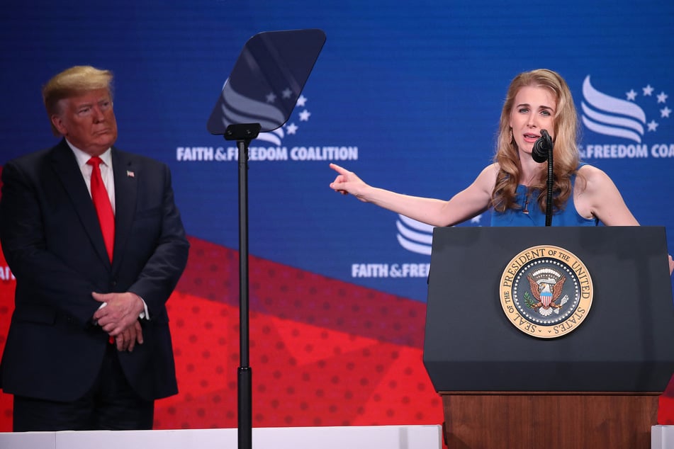 Cancer activist Natalie Harp speaks after being called on stage by US President Donald Trump during the Faith & Freedom Coalition 2019 Road To Majority Policy Conference at the Marriott Wardman Park Hotel, on June 26, 2019 in Washington, DC.