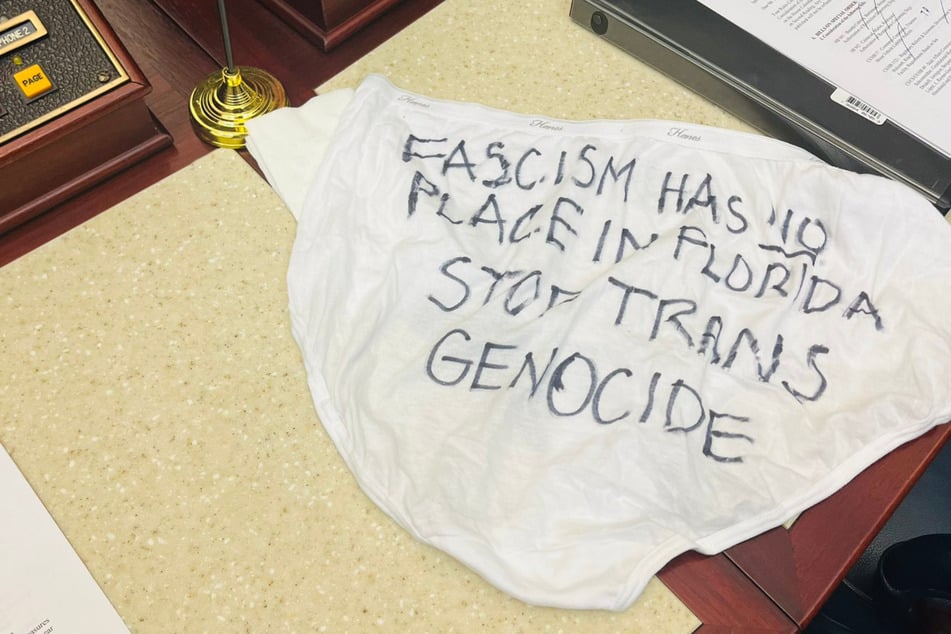 Florida lawmakers were showered in underwear bearing messages condemning them for pushing anti-LGBTQ+ legislation.